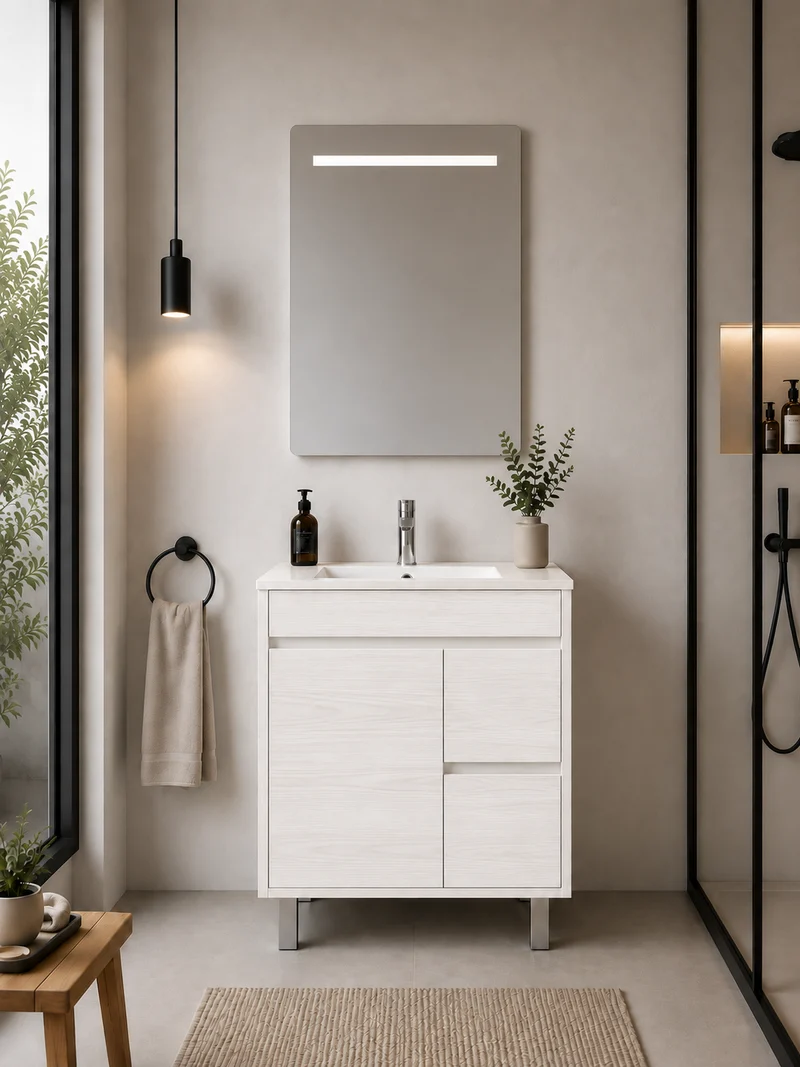 Mueble de baño con patas Isquia, lavabo, puertas y cajones
