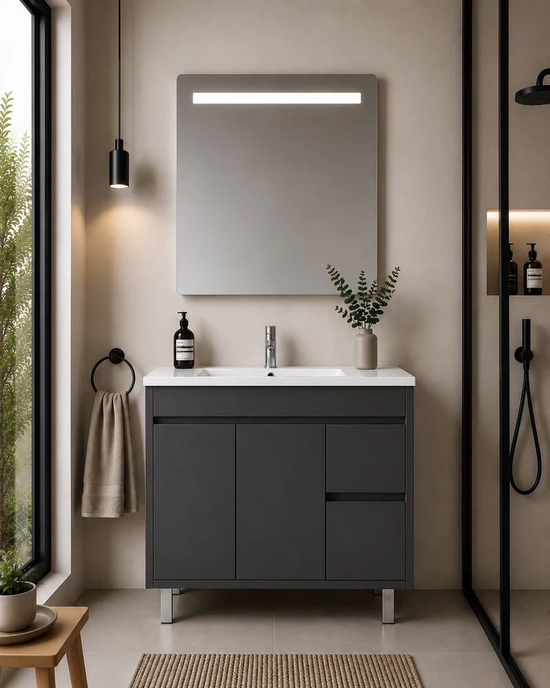Mueble de baño con patas Isquia, lavabo, puertas y cajones