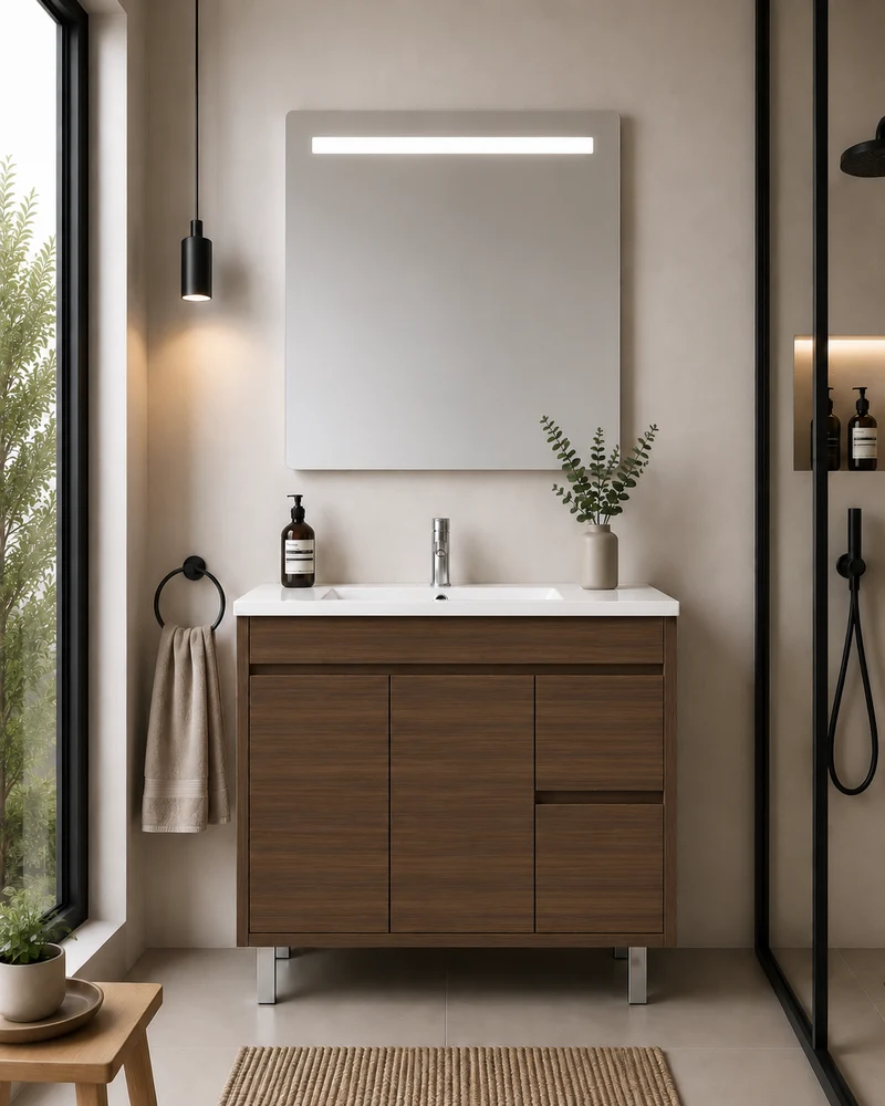 Mueble de baño con patas Isquia, lavabo, puertas y cajones