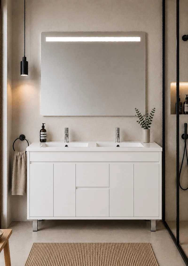 Mueble de baño con patas Isquia, lavabo, puertas y cajones