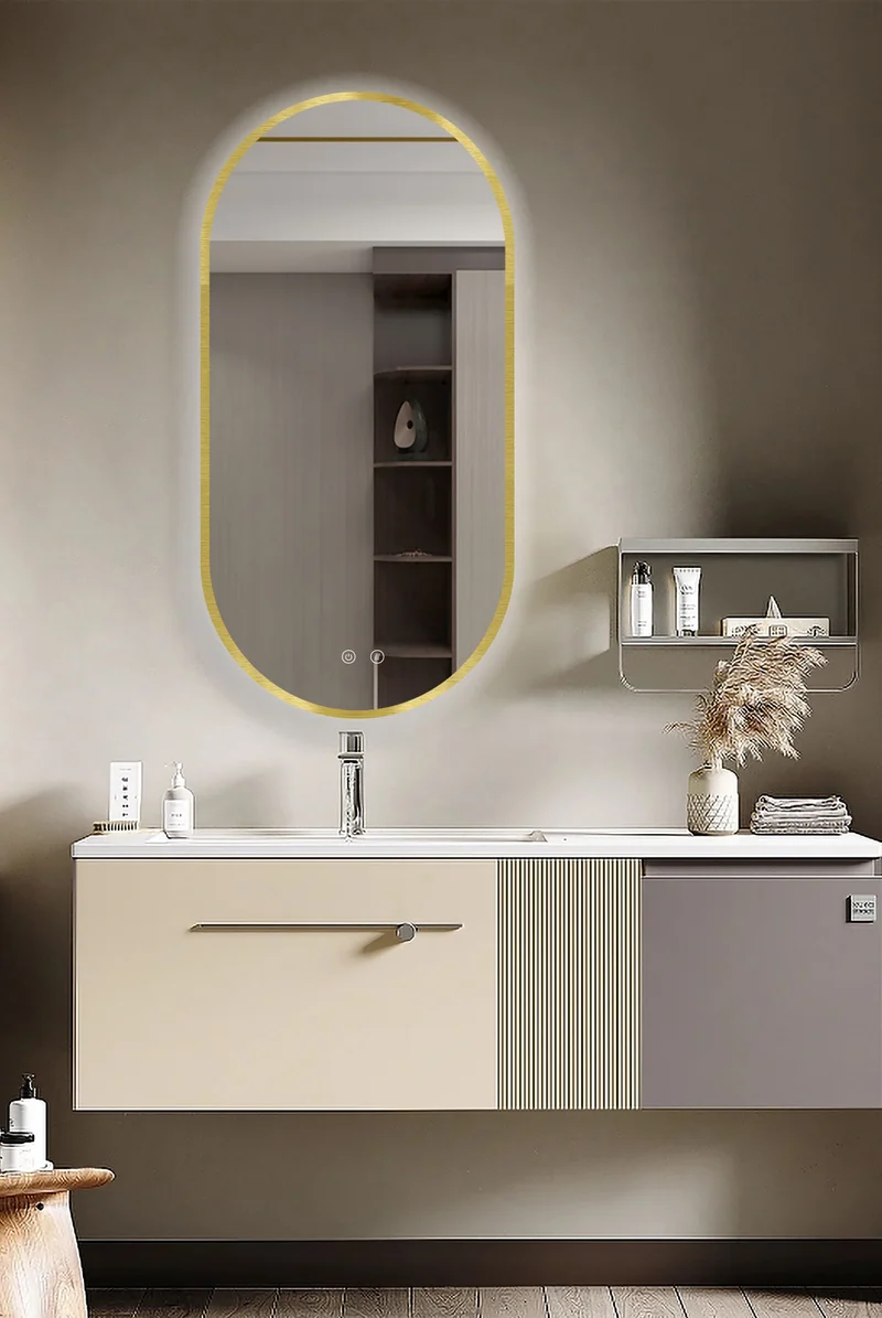 Espejo de baño LED SELENE Gold & Black curvo con antivaho