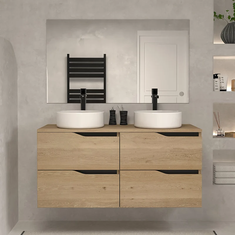 Meuble de salle de bain 120 avec plateau et 2 vasques à poser - 4 tiroirs - LUNA