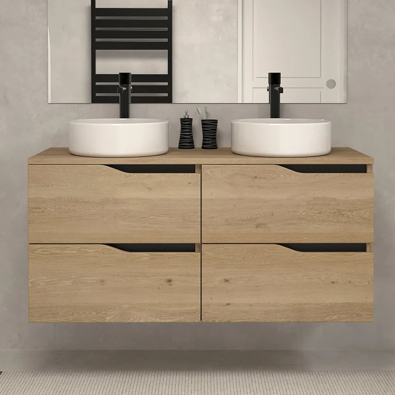 Meuble de salle de bain 120 avec plateau et 2 vasques à poser - 4 tiroirs - LUNA