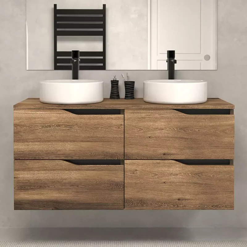 Meuble de salle de bain 140cm avec plateau et deux vasques à poser ARES - 4 tiroirs - sans miroir - LUNA