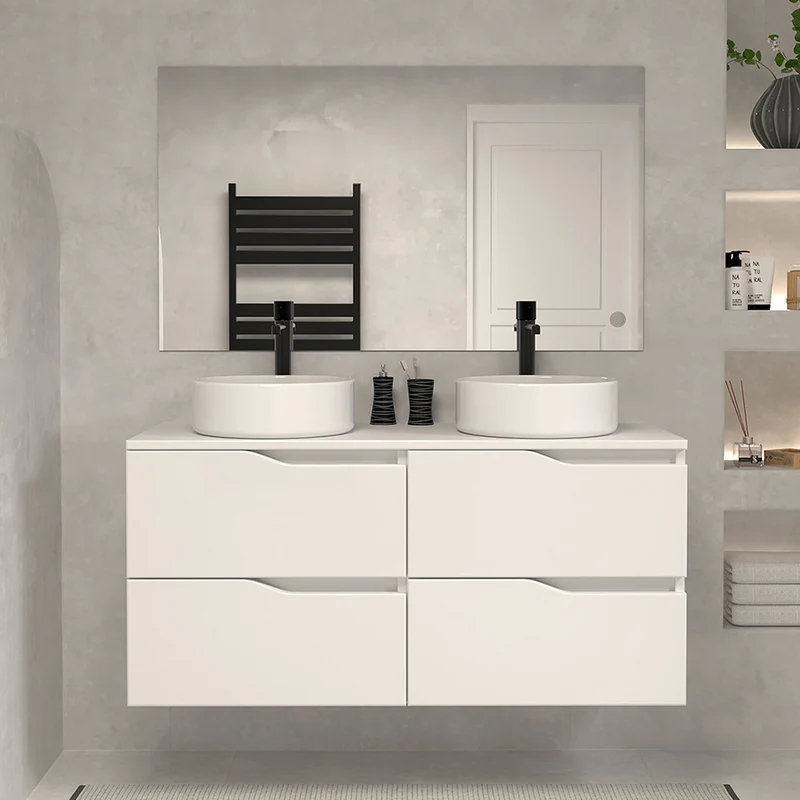 Meuble de salle de bain 120 avec plateau et 2 vasques à poser - 4 tiroirs - LUNA