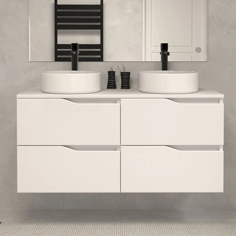 Meuble de salle de bain 120 avec plateau et 2 vasques à poser - 4 tiroirs - LUNA