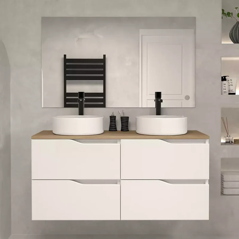 Meuble de salle de bain 120 avec plateau et 2 vasques à poser - 4 tiroirs - LUNA