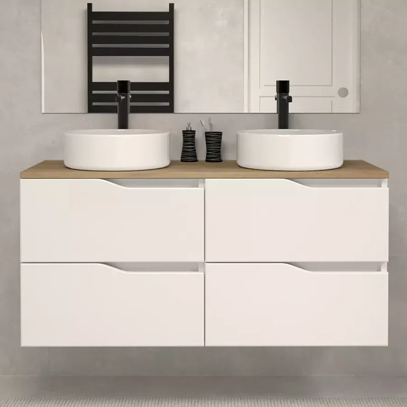 Meuble de salle de bain 140cm avec plateau et deux vasques à poser ARES - 4 tiroirs - sans miroir - LUNA