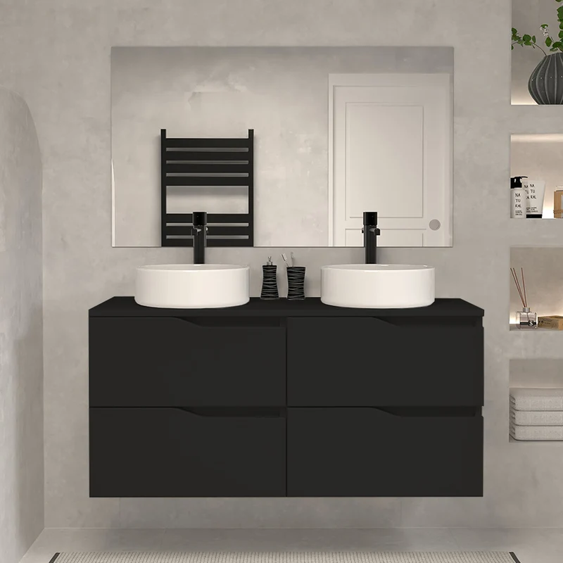 Meuble de salle de bain 120 avec plateau et 2 vasques à poser - 4 tiroirs - LUNA