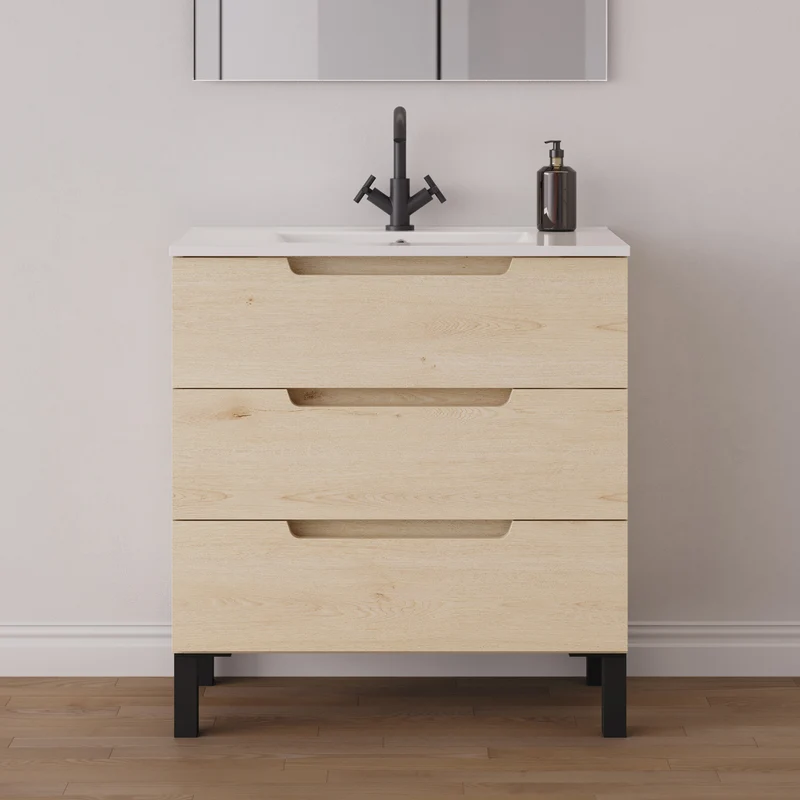 Meuble de salle de bain 80cm simple vasque - 3 tiroirs - RIZA