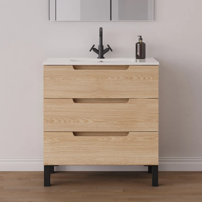 Meuble de salle de bain 80cm simple vasque - 3 tiroirs - RIZA