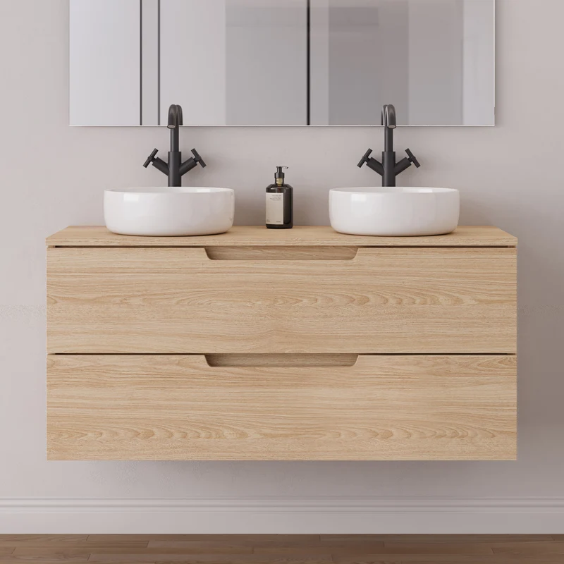 Meuble de salle de bain 120cm avec plateau et 2 vasques à poser rondes - 2 tiroirs - SONRIZA
