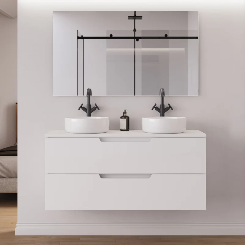 Meuble de salle de bain 120cm avec plateau et 2 vasques à poser rondes - 2 tiroirs - SONRIZA