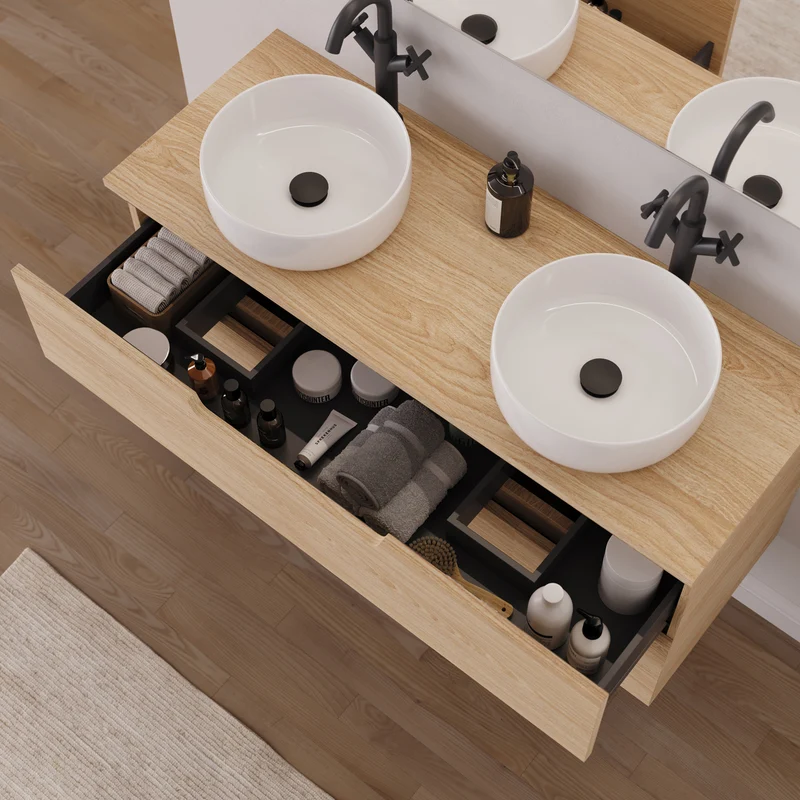 Meuble de salle de bain 120cm avec plateau et 2 vasques à poser rondes - 2 tiroirs - SONRIZA