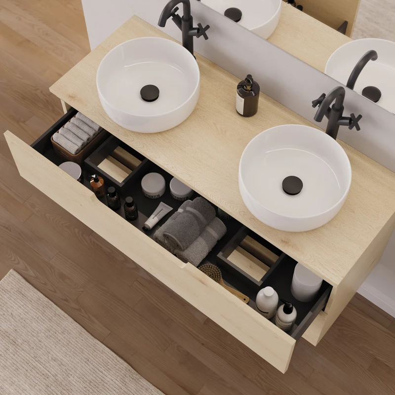 Meuble de salle de bain 120cm avec plateau et 2 vasques à poser rondes - 2 tiroirs - SONRIZA