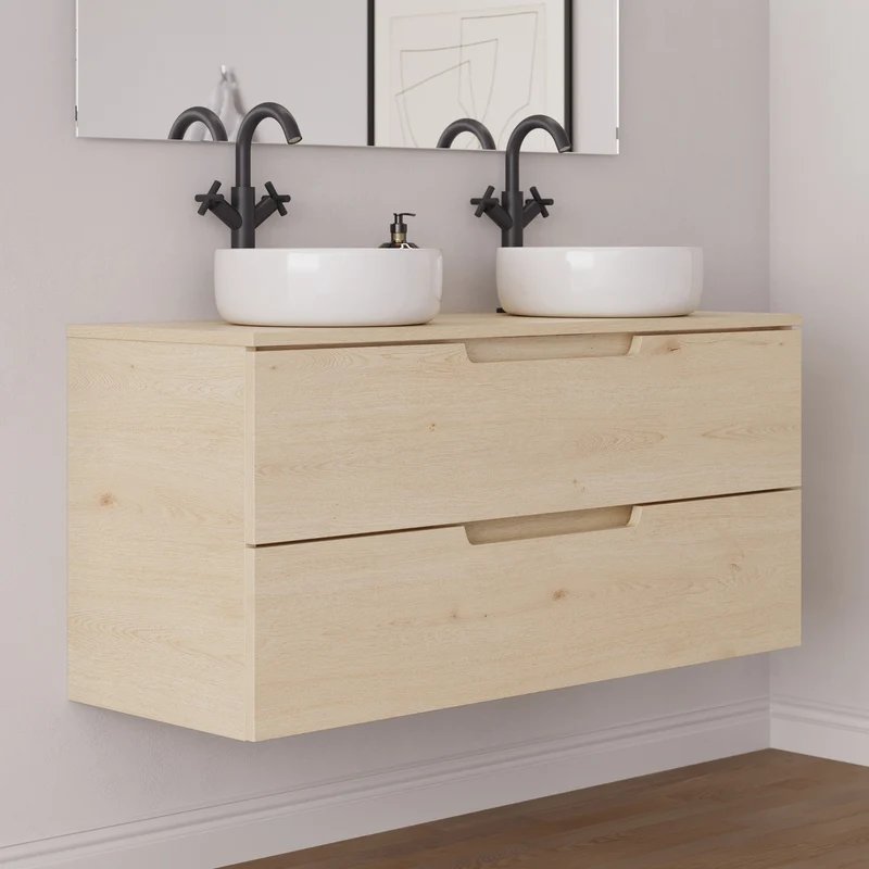 Meuble de salle de bain 120cm avec plateau et 2 vasques à poser rondes - 2 tiroirs - SONRIZA