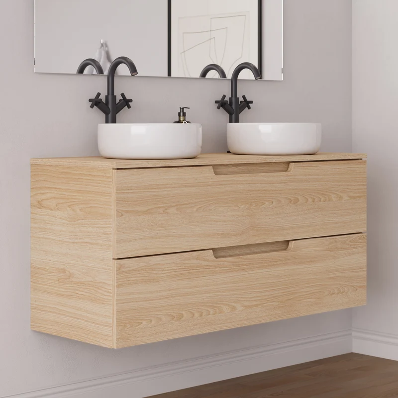 Meuble de salle de bain 120cm avec plateau et 2 vasques à poser rondes - 2 tiroirs - SONRIZA