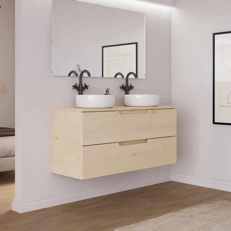 Meuble de salle de bain 120cm avec plateau et 2 vasques à poser rondes - 2 tiroirs - SONRIZA
