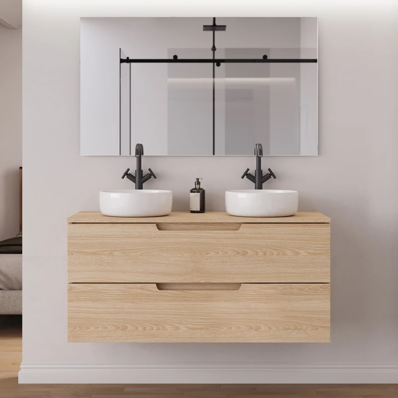 Meuble de salle de bain 120cm avec plateau et 2 vasques à poser rondes - 2 tiroirs - SONRIZA