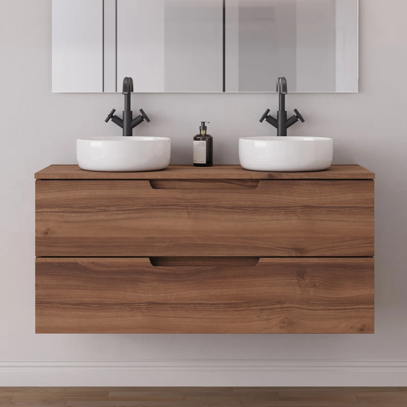 Meuble de salle de bain 120cm avec plateau et 2 vasques à poser rondes - 2 tiroirs - SONRIZA