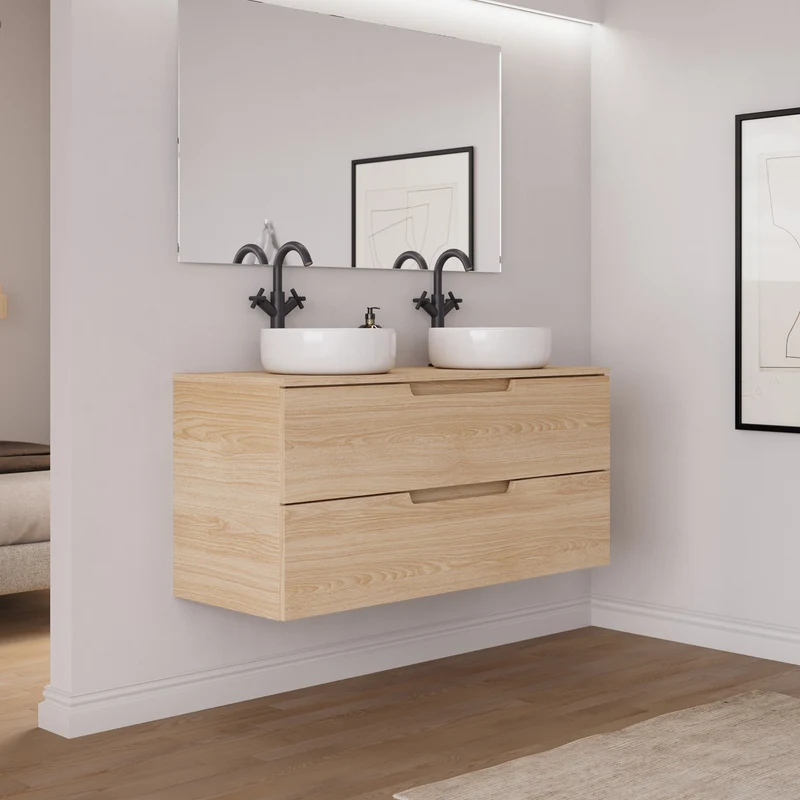 Meuble de salle de bain 120cm avec plateau et 2 vasques à poser rondes - 2 tiroirs - SONRIZA