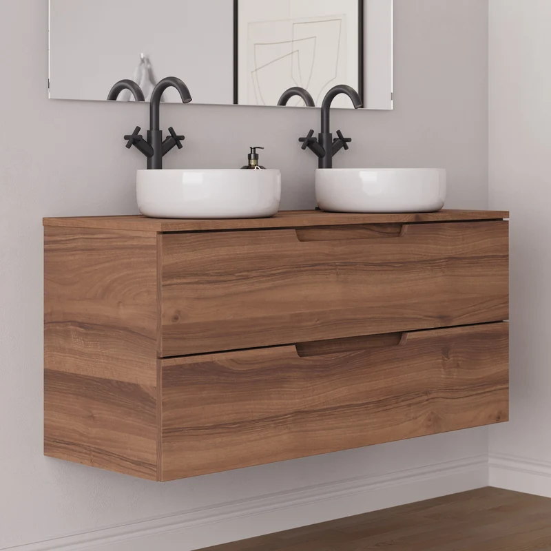 Meuble de salle de bain 120cm avec plateau et 2 vasques à poser rondes - 2 tiroirs - SONRIZA