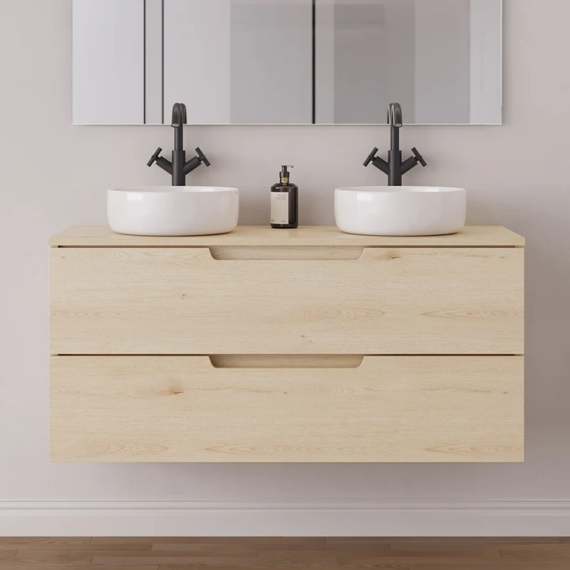 Meuble de salle de bain 120cm avec plateau et 2 vasques à poser rondes - 2 tiroirs - SONRIZA