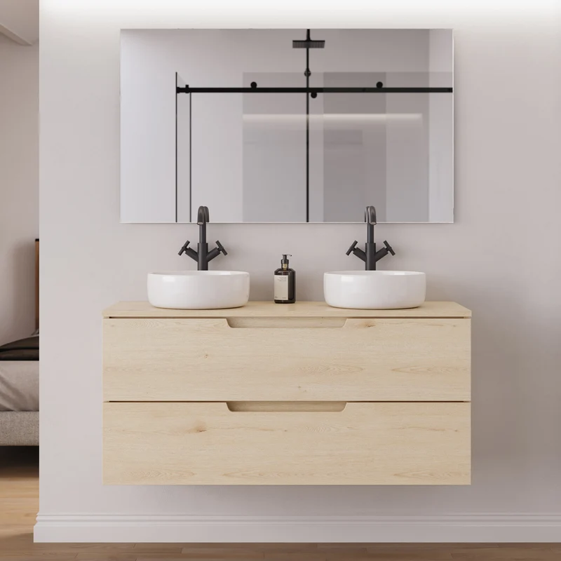 Meuble de salle de bain 120cm avec plateau et 2 vasques à poser rondes - 2 tiroirs - SONRIZA