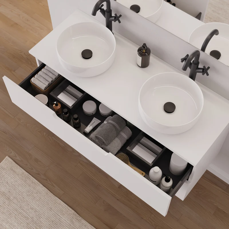 Meuble de salle de bain 120cm avec plateau et 2 vasques à poser rondes - 2 tiroirs - SONRIZA