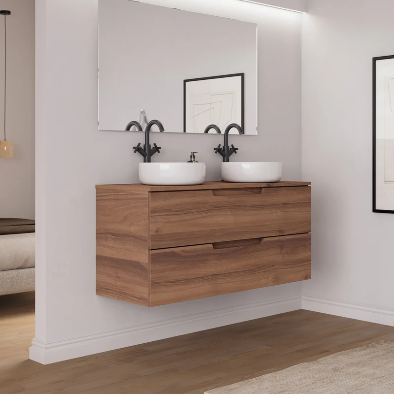 Meuble de salle de bain 120cm avec plateau et 2 vasques à poser rondes - 2 tiroirs - SONRIZA