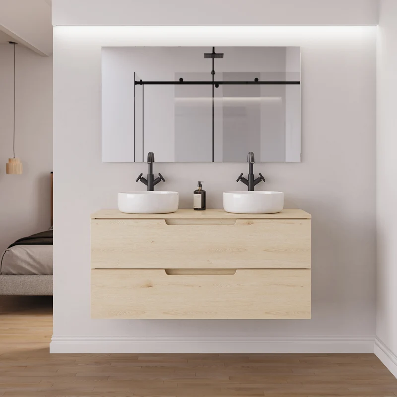 Meuble de salle de bain 120cm avec plateau et 2 vasques à poser rondes - 2 tiroirs - SONRIZA