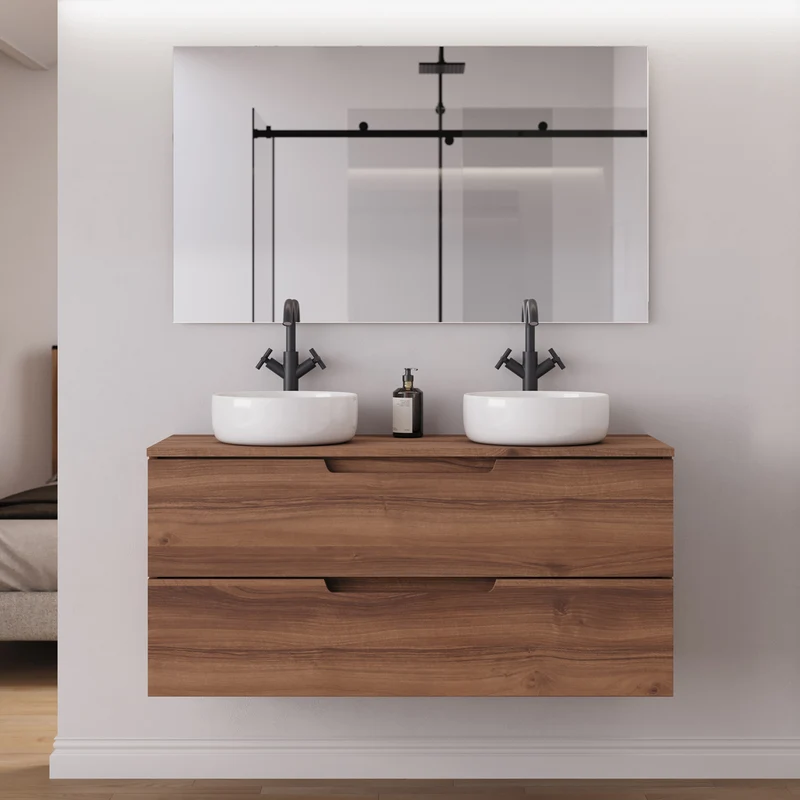 Meuble de salle de bain 120cm avec plateau et 2 vasques à poser rondes - 2 tiroirs - SONRIZA