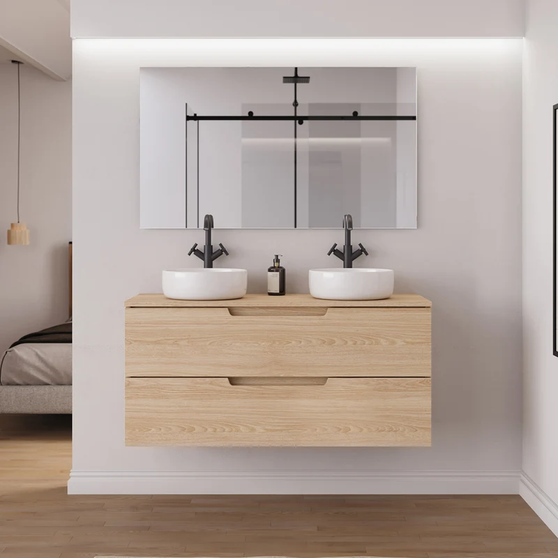 Meuble de salle de bain 120cm avec plateau et 2 vasques à poser rondes - 2 tiroirs - SONRIZA