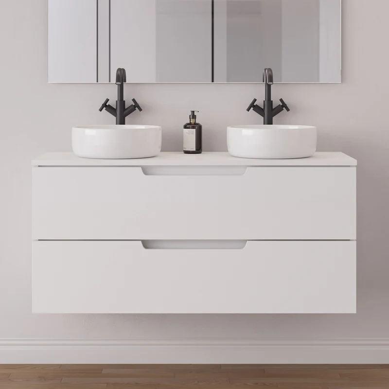 Meuble de salle de bain 120cm avec plateau et 2 vasques à poser rondes - 2 tiroirs - SONRIZA