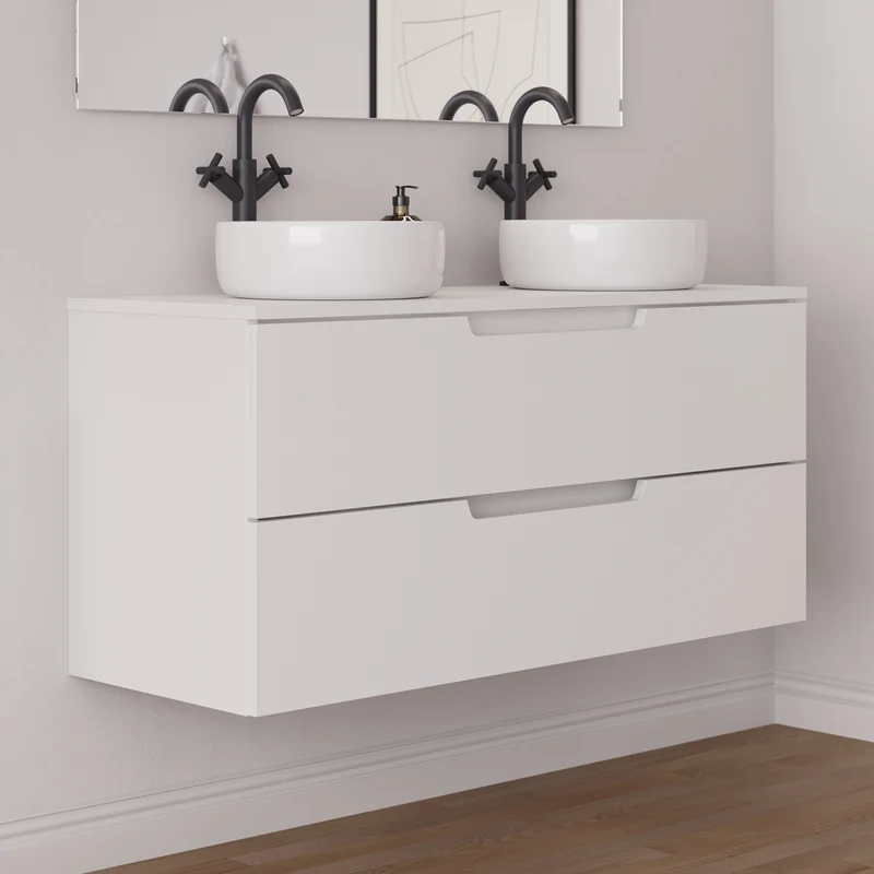 Meuble de salle de bain 120cm avec plateau et 2 vasques à poser rondes - 2 tiroirs - SONRIZA
