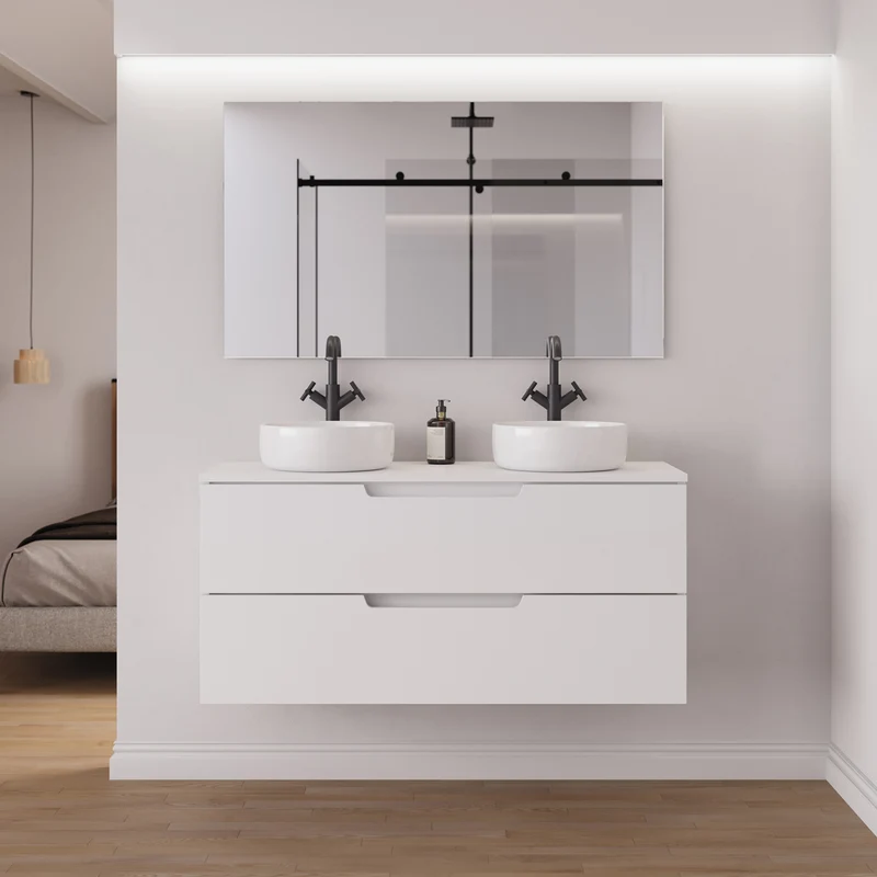 Meuble de salle de bain 120cm avec plateau et 2 vasques à poser rondes - 2 tiroirs - SONRIZA