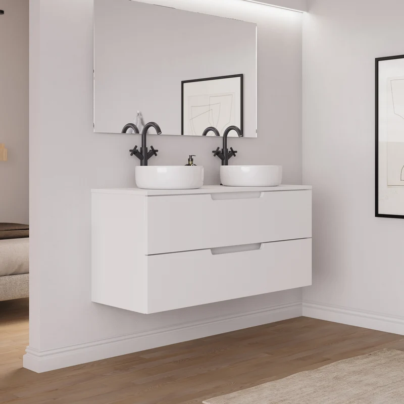 Meuble de salle de bain 120cm avec plateau et 2 vasques à poser rondes - 2 tiroirs - SONRIZA