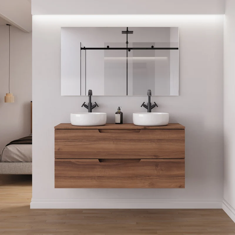 Meuble de salle de bain 120cm avec plateau et 2 vasques à poser rondes - 2 tiroirs - SONRIZA