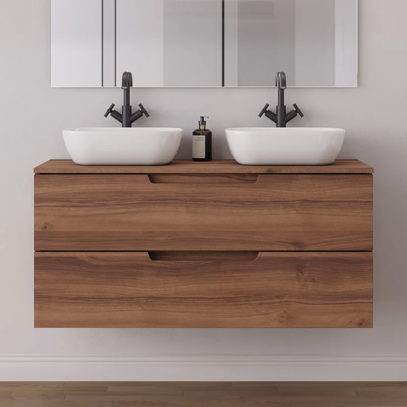 Meuble de salle de bain 120cm avec plateau et 2 vasques à poser arrondies - 2 tiroirs - SONRIZA