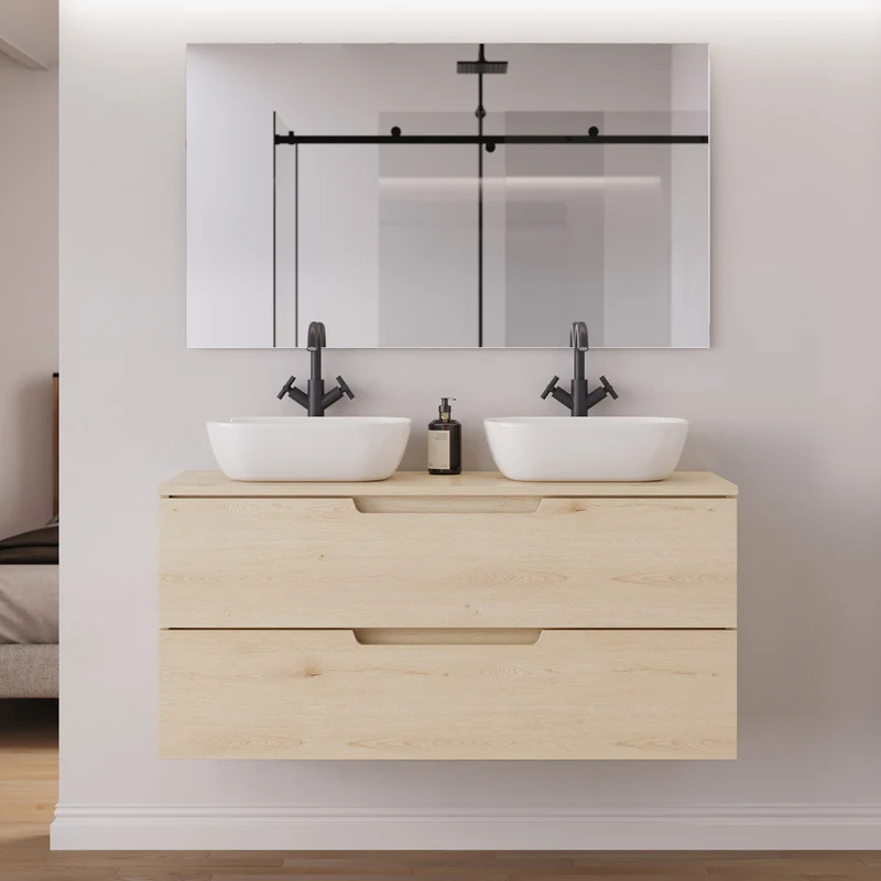 Meuble de salle de bain 120cm avec plateau et 2 vasques à poser arrondies - 2 tiroirs - SONRIZA
