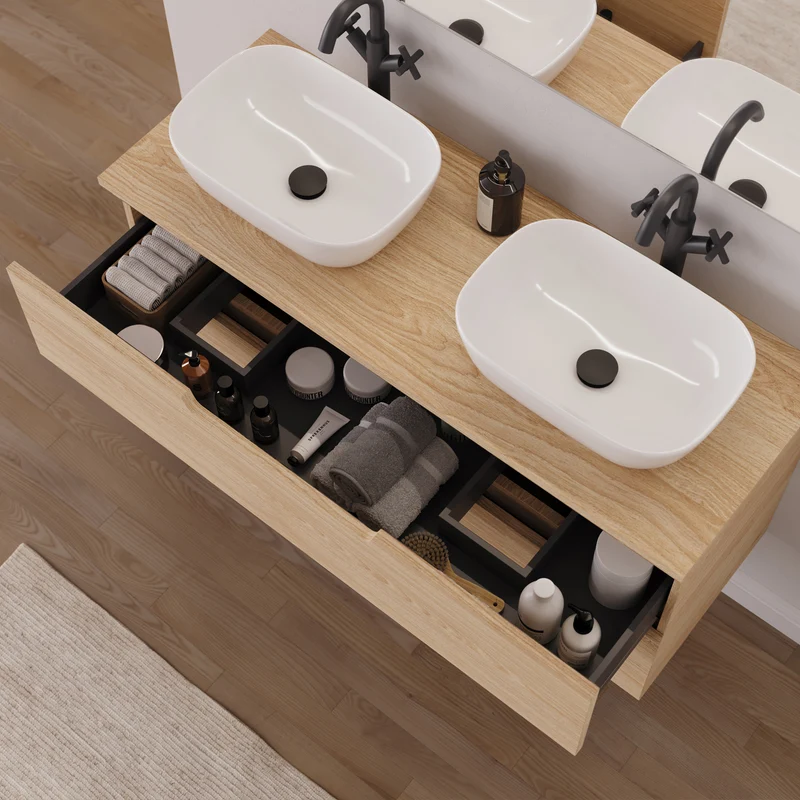 Meuble de salle de bain 120cm avec plateau et 2 vasques à poser arrondies - 2 tiroirs - SONRIZA