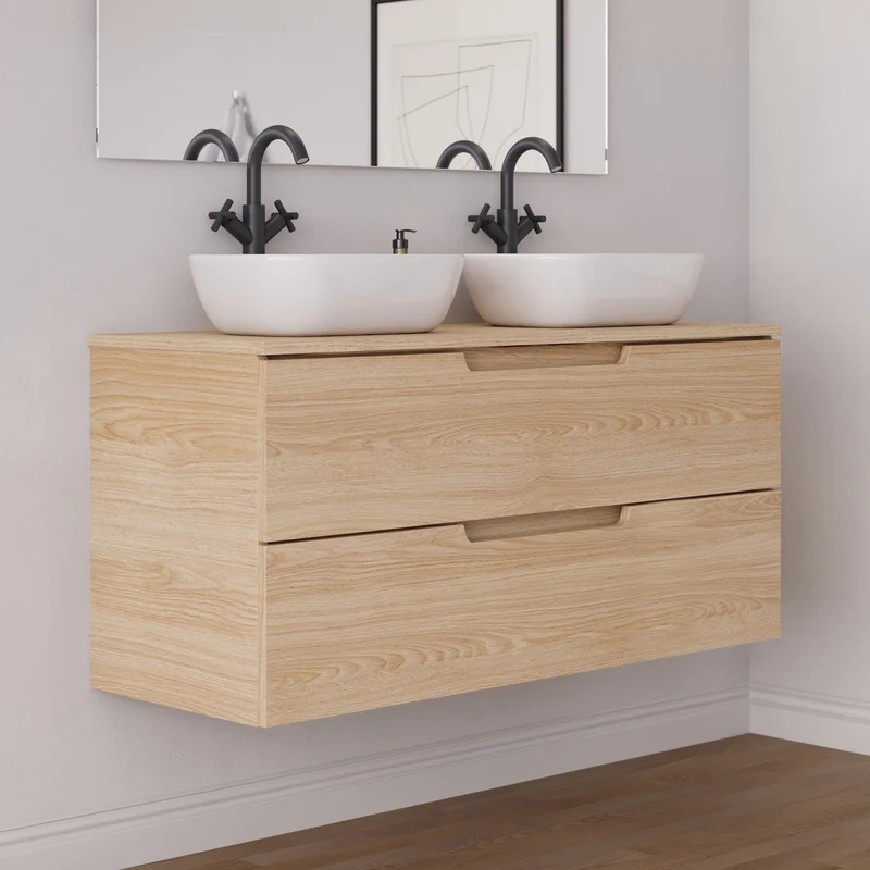 Meuble de salle de bain 120cm avec plateau et 2 vasques à poser arrondies - 2 tiroirs - SONRIZA