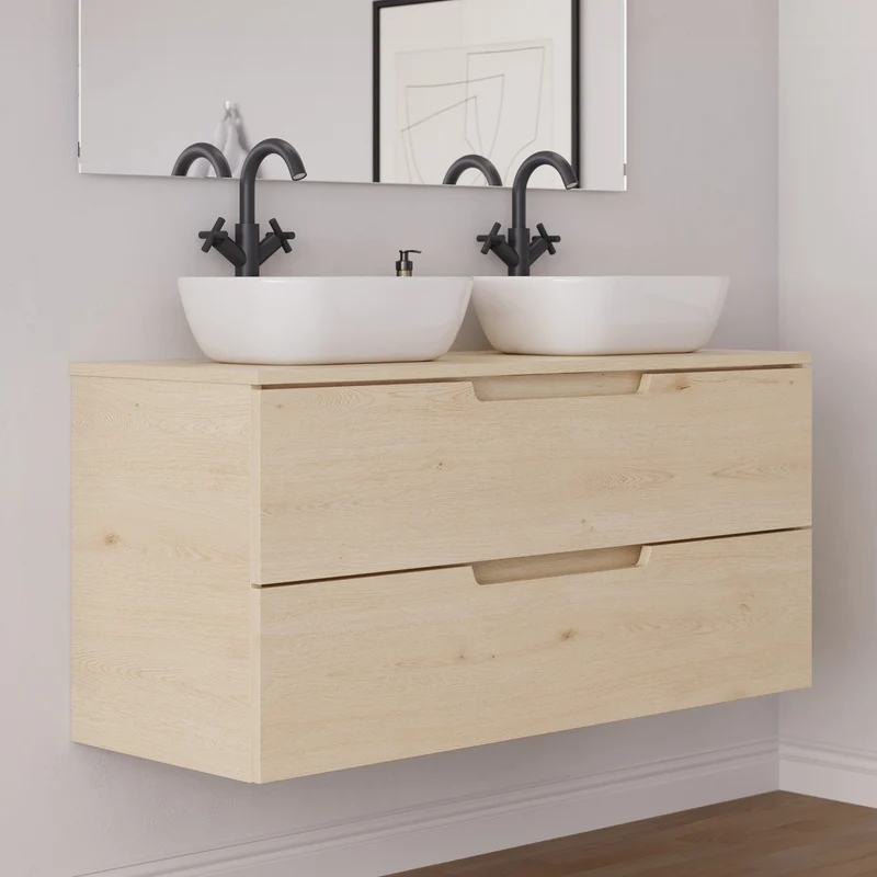 Meuble de salle de bain 120cm avec plateau et 2 vasques à poser arrondies - 2 tiroirs - SONRIZA