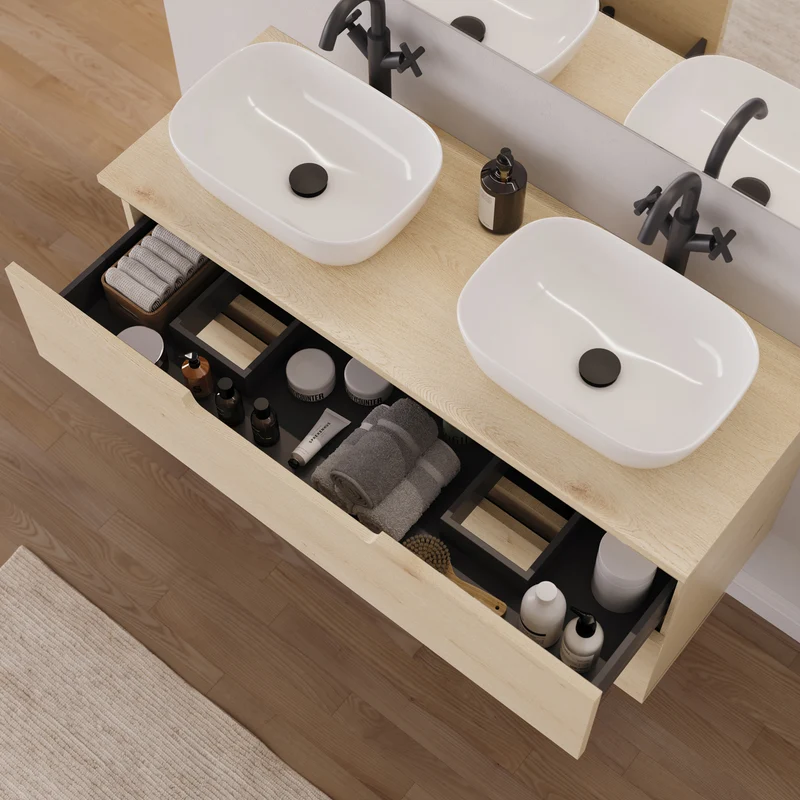 Meuble de salle de bain 120cm avec plateau et 2 vasques à poser arrondies - 2 tiroirs - SONRIZA