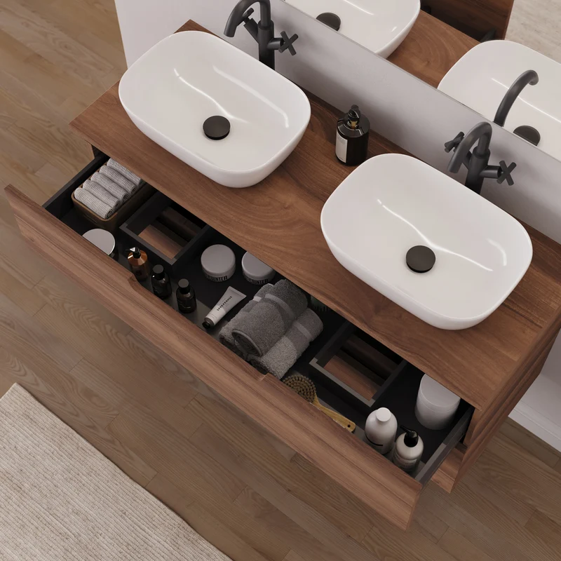 Meuble de salle de bain 120cm avec plateau et 2 vasques à poser arrondies - 2 tiroirs - SONRIZA