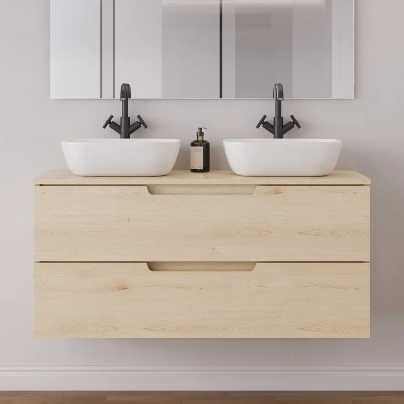 Meuble de salle de bain 120cm avec plateau et 2 vasques à poser arrondies - 2 tiroirs - SONRIZA