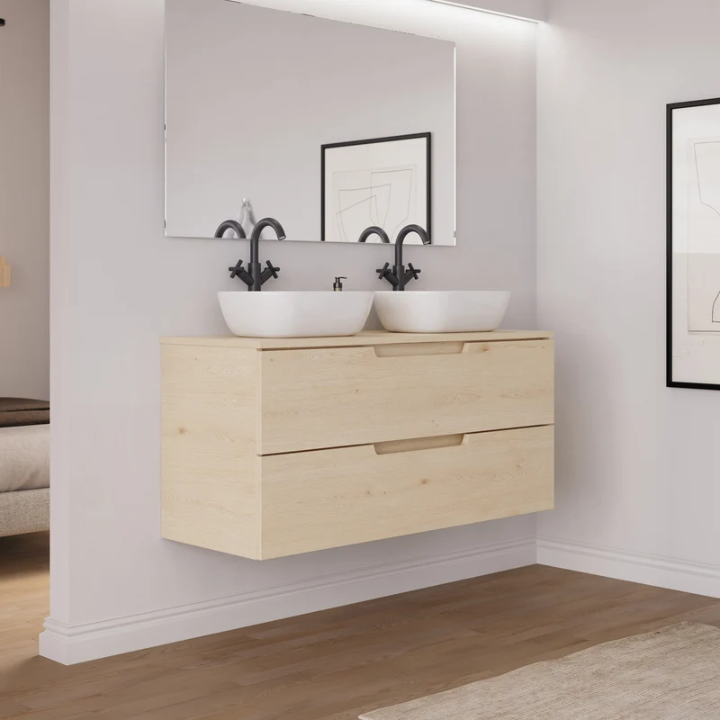 Meuble de salle de bain 120cm avec plateau et 2 vasques à poser arrondies - 2 tiroirs - SONRIZA