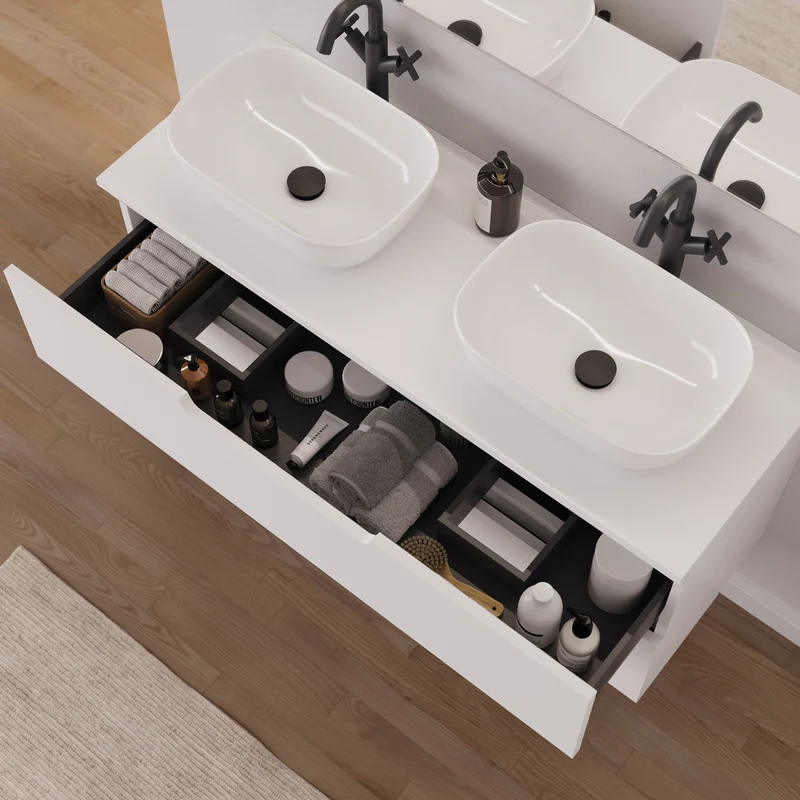 Meuble de salle de bain 120cm avec plateau et 2 vasques à poser arrondies - 2 tiroirs - SONRIZA