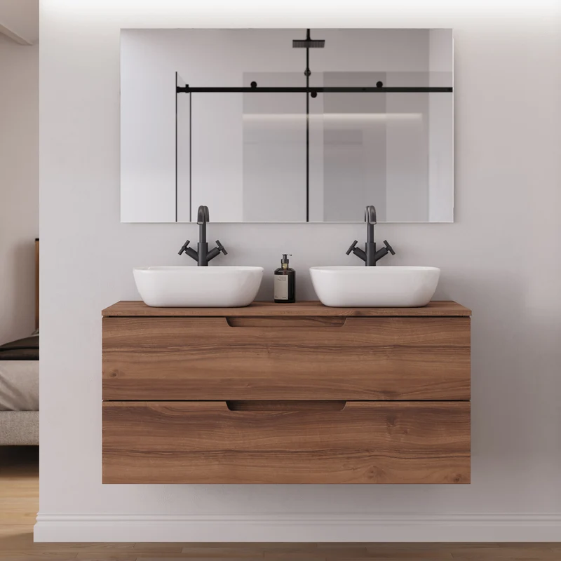 Meuble de salle de bain 120cm avec plateau et 2 vasques à poser arrondies - 2 tiroirs - SONRIZA