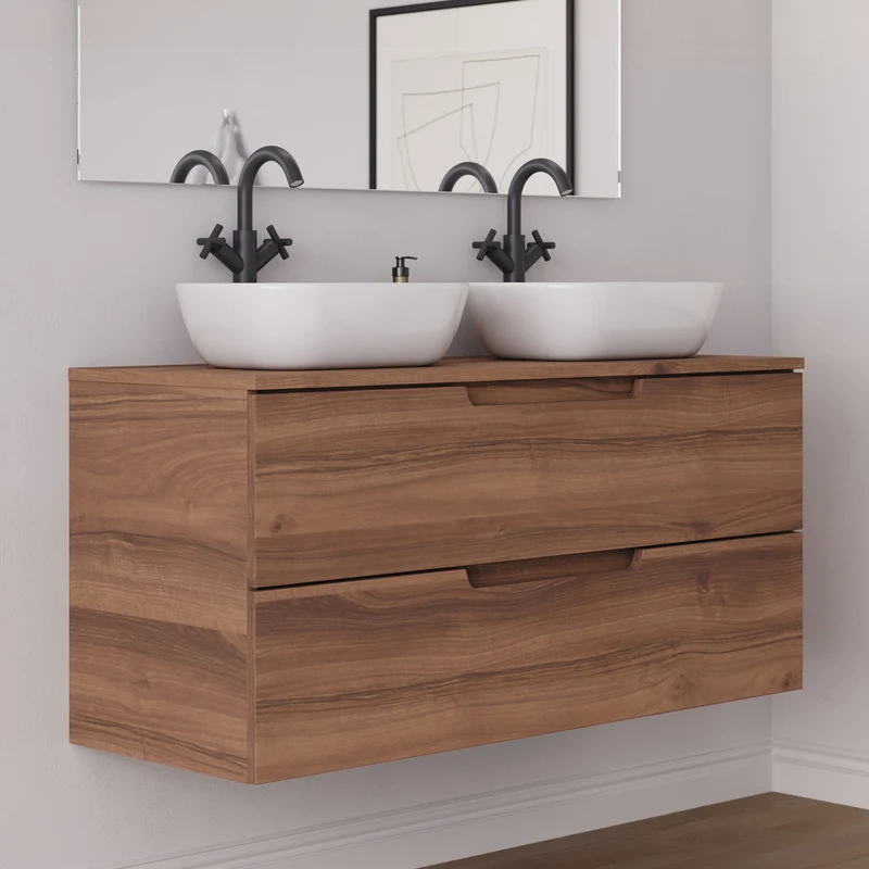 Meuble de salle de bain 120cm avec plateau et 2 vasques à poser arrondies - 2 tiroirs - SONRIZA